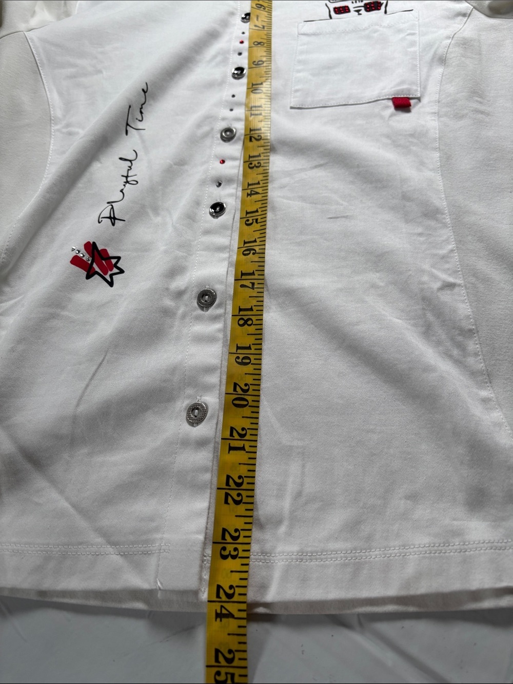 Dolcezza White Button Front Shirt M Artsy Graphic Pocket Collared Modern Art Top - Picture 16 of 17